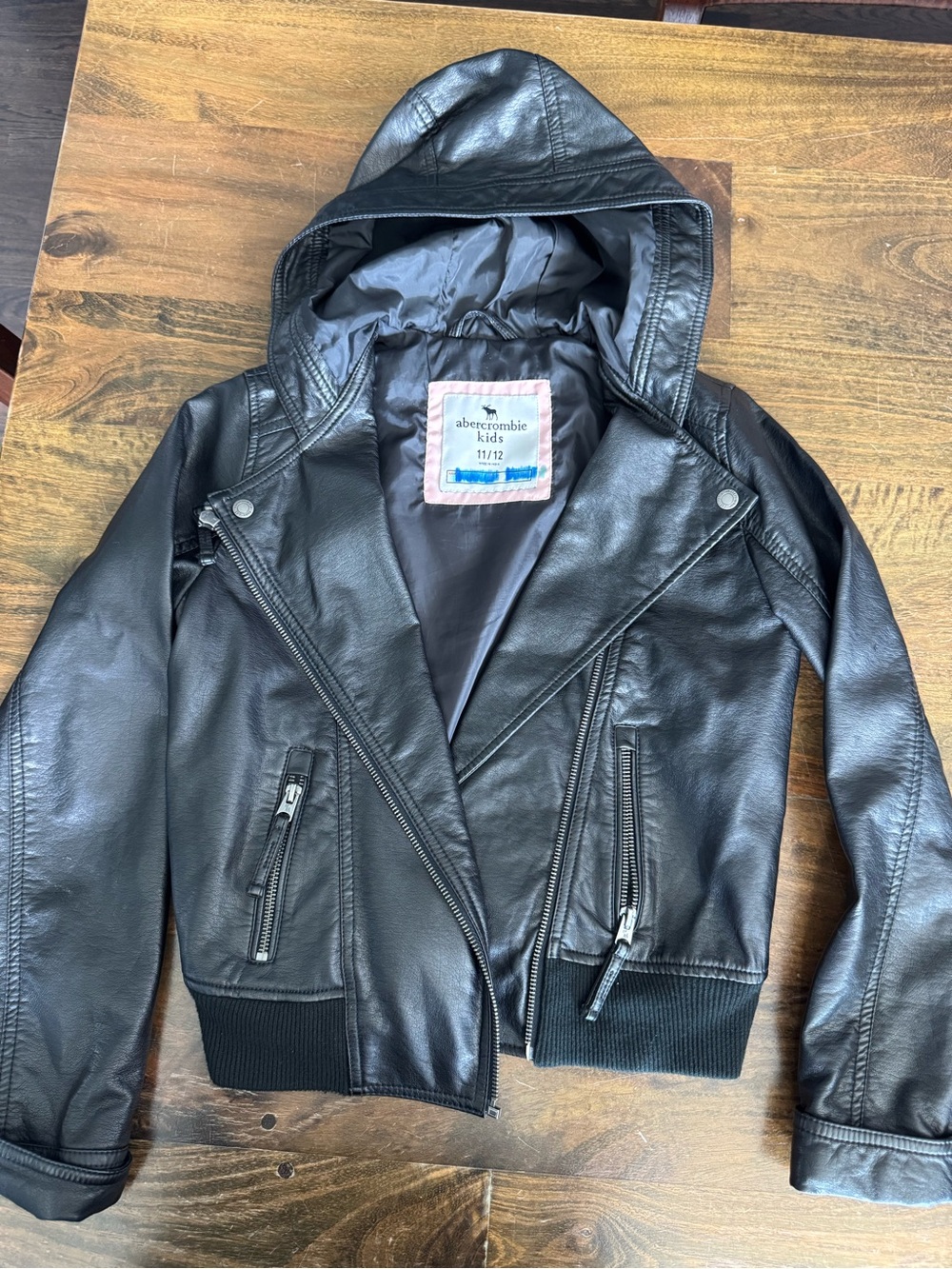 abercrombie kids Black Faux Leather Hooded Jacket